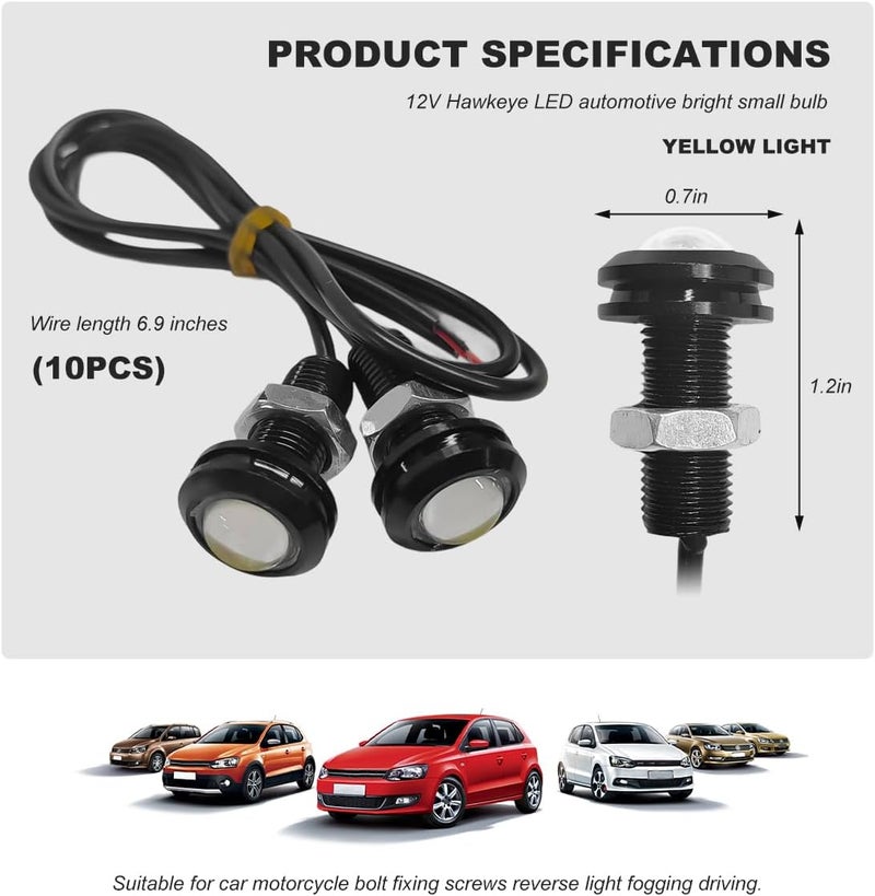 YTFRL 10 PCS 18mm Eagle Eye LED Lights, 12V Ultra Thin Car Daytime Running Backup Lights, Waterproof Small LED Fog Bulb Reverse Tail Rock Lamp for Cars Trucks Motorcycles (Yellow) - Image 2